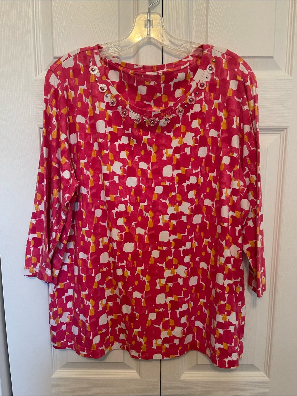 N Touch XL Pink Orange Abstract Beaded Neck Blouse 3/4 Sleeve